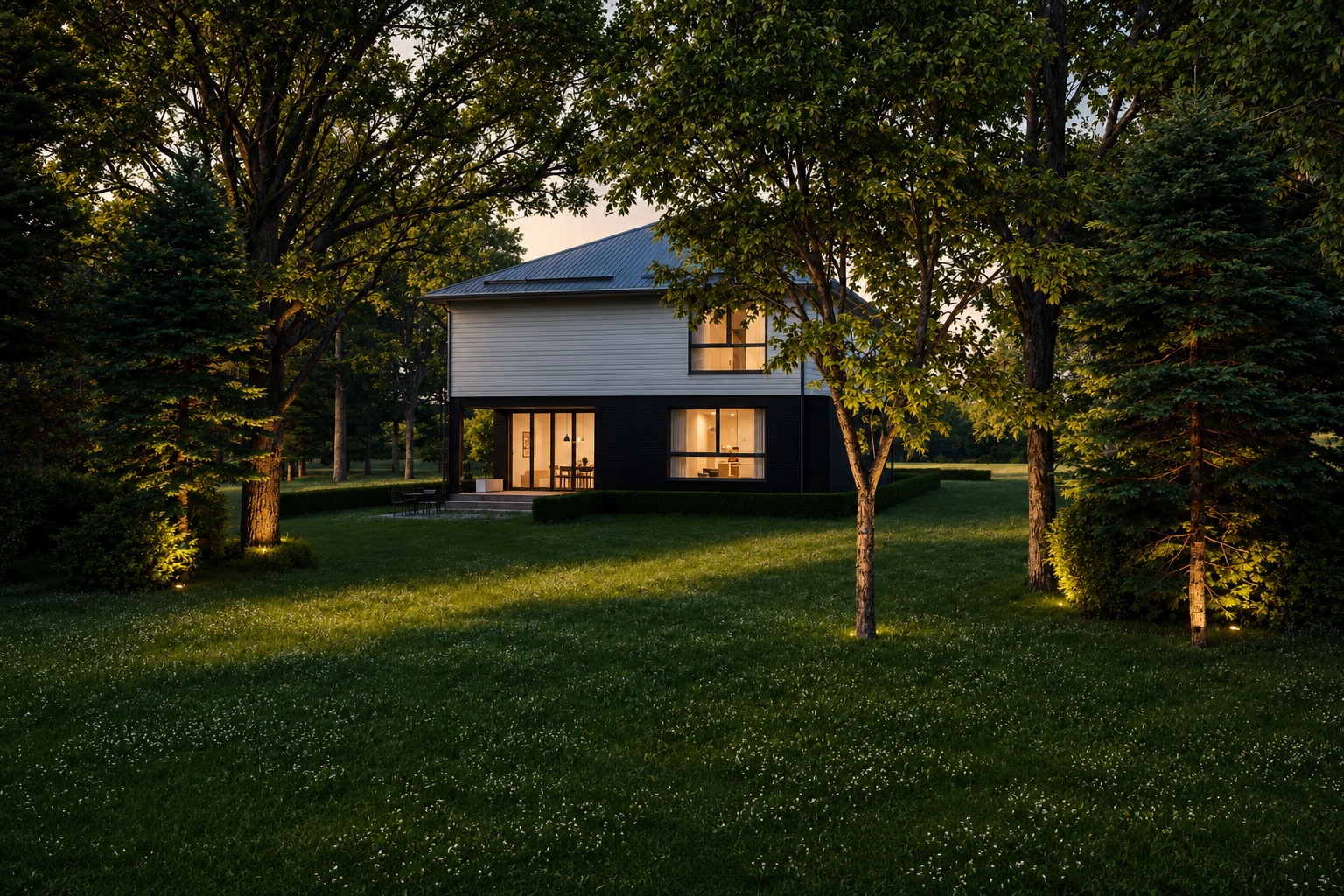 The grounds — mature greenery at dusk